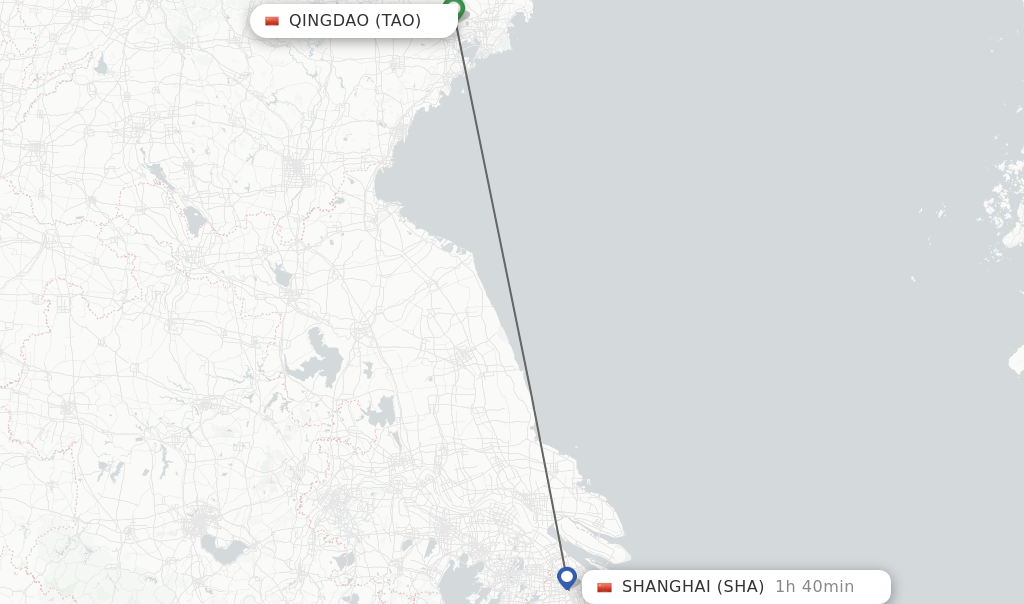 Flights from Qingdao to Shanghai route map