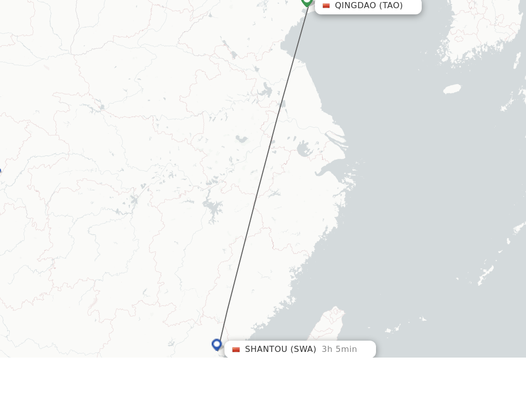 Flights from Qingdao to Jieyang route map