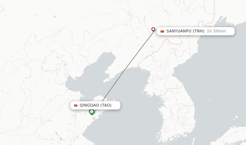 Flights from Qingdao to Sanyuanpu route map