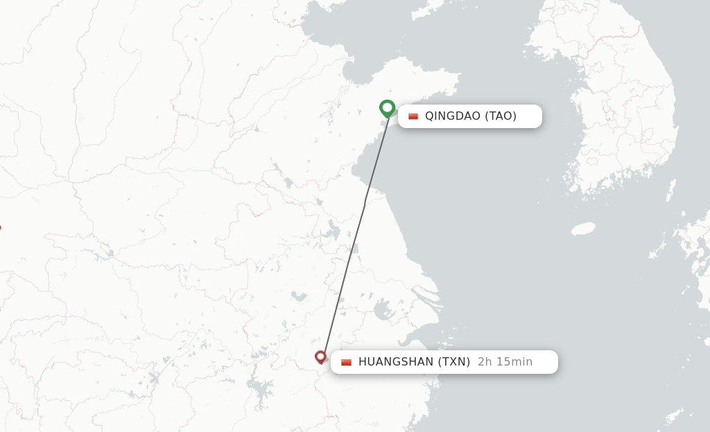 Flights from Qingdao to Tunxi route map