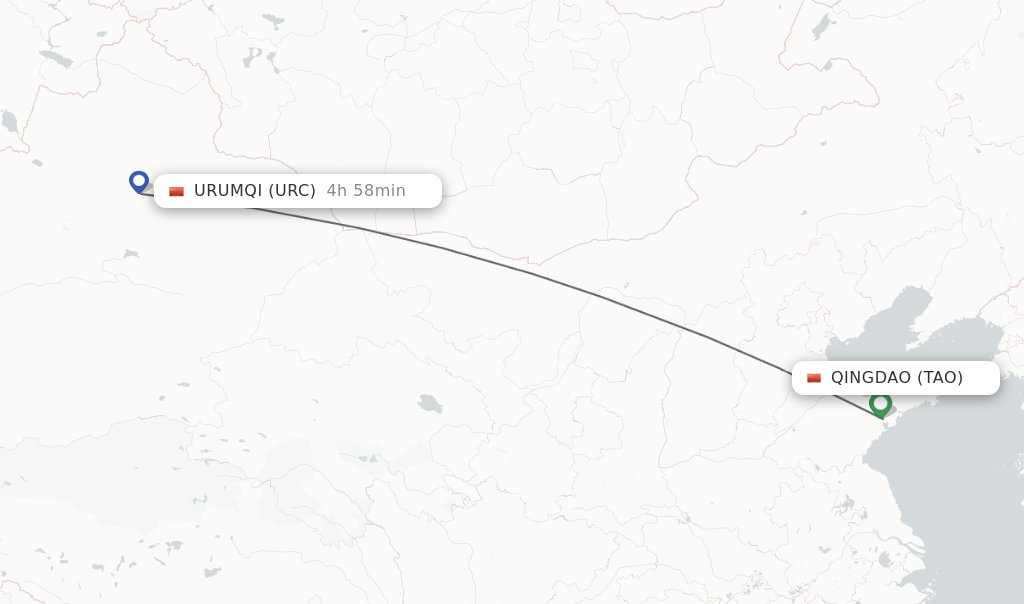 Flights from Qingdao to Urumqi route map