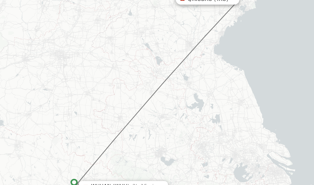 Flights from Qingdao to Wuhan route map