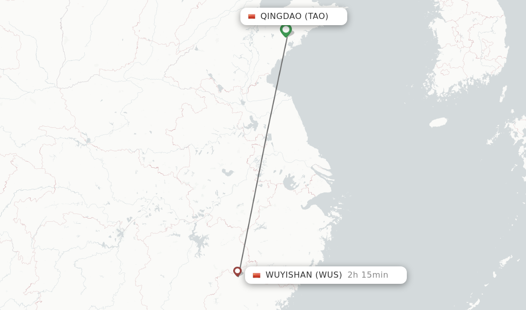 Flights from Qingdao to Wuyishan route map