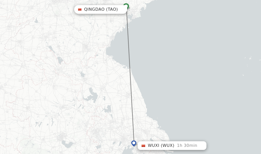 Flights from Qingdao to Wuxi route map