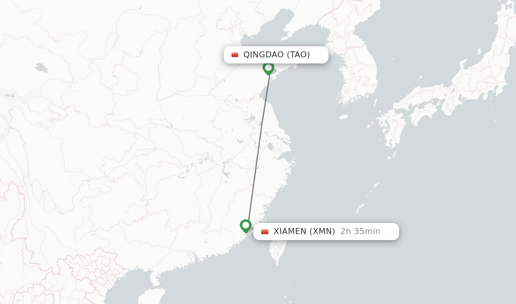 Flights from Qingdao to Xiamen route map