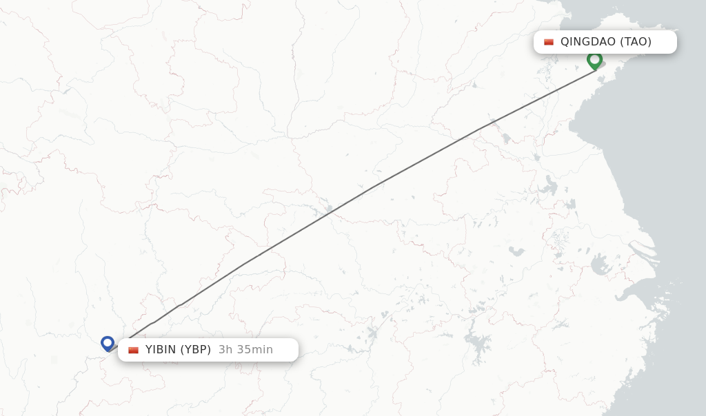 Flights from Qingdao to Yibin route map