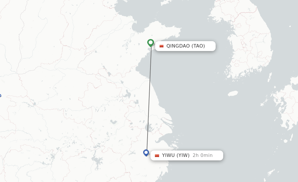Flights from Qingdao to Yiwu route map