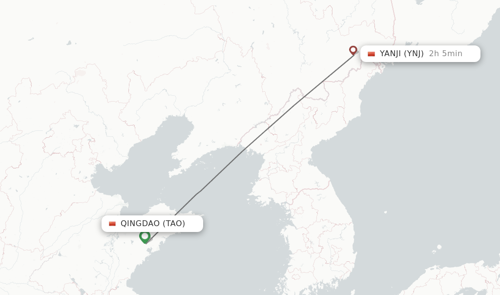 Flights from Qingdao to Yanji route map