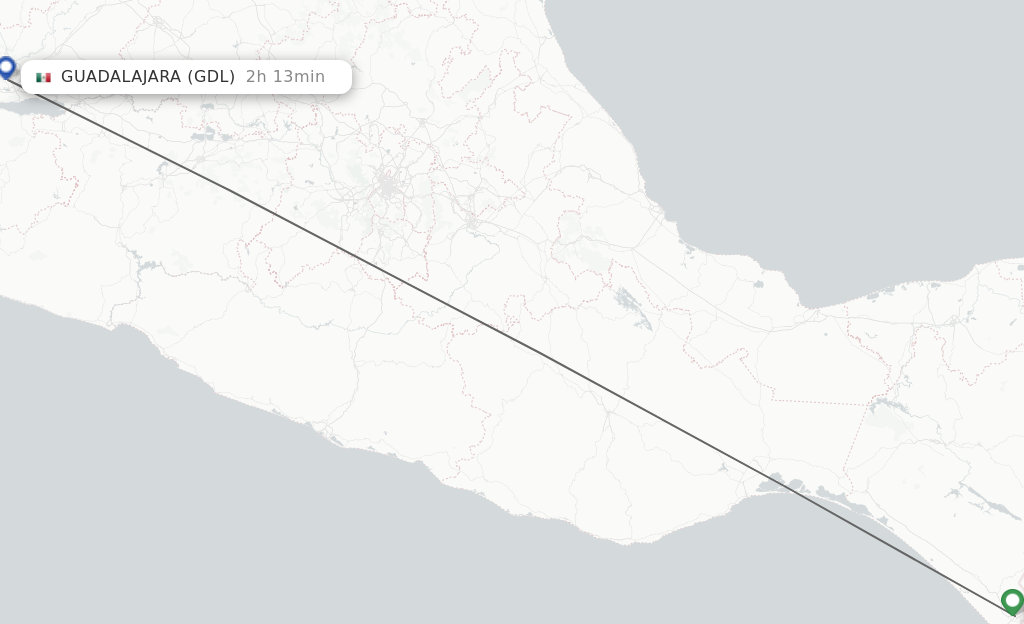 Flights from Tapachula to Guadalajara route map