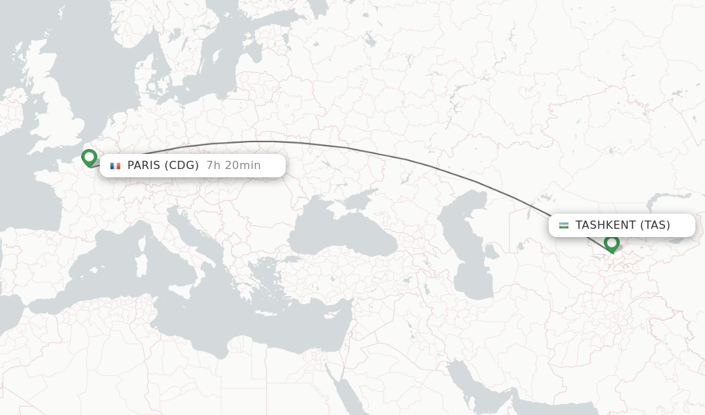 Flights from Tashkent to Paris route map