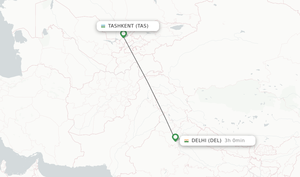 Flights from Tashkent to Delhi route map