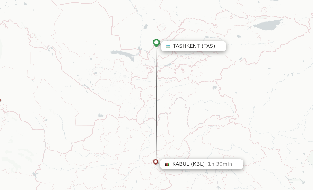 Flights from Tashkent to Kabul route map