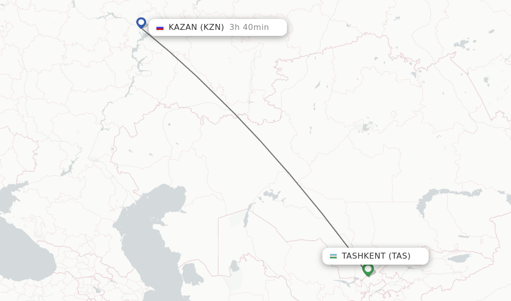 Flights from Tashkent to Kazan route map
