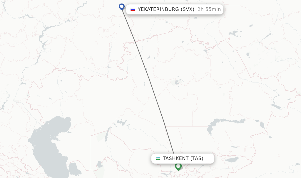 Flights from Tashkent to Yekaterinburg route map