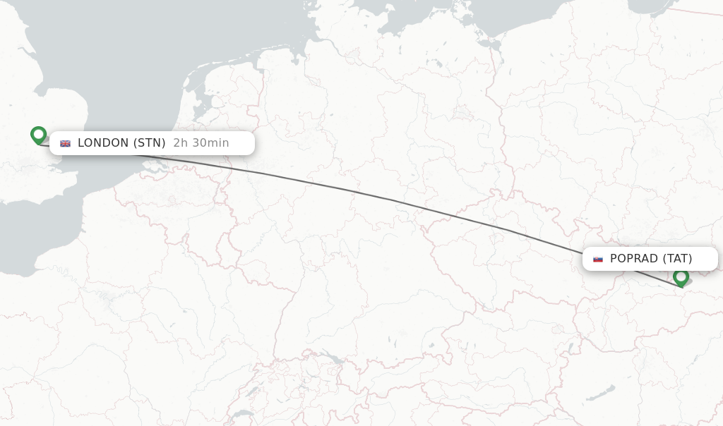 Flights from London to Poprad route map