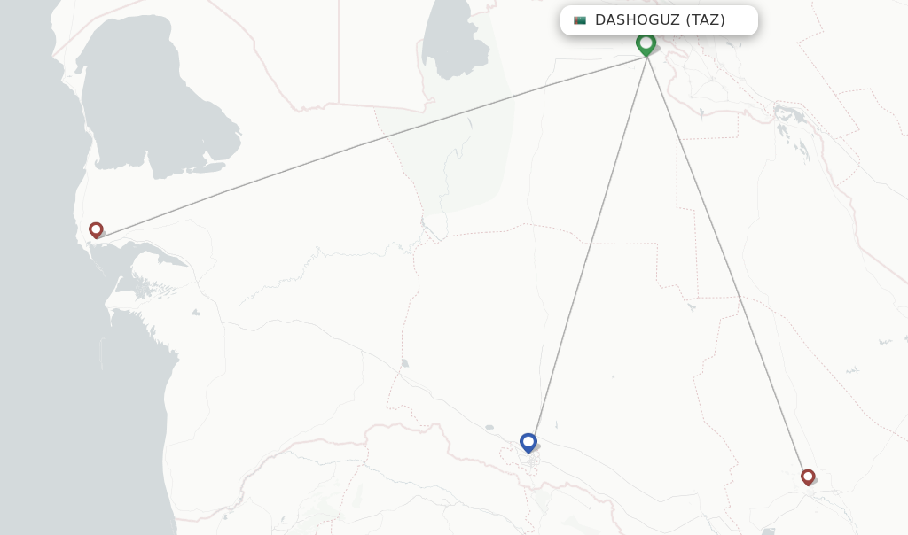 Route map with flights from Dashoguz with Turkmenistan Airlines