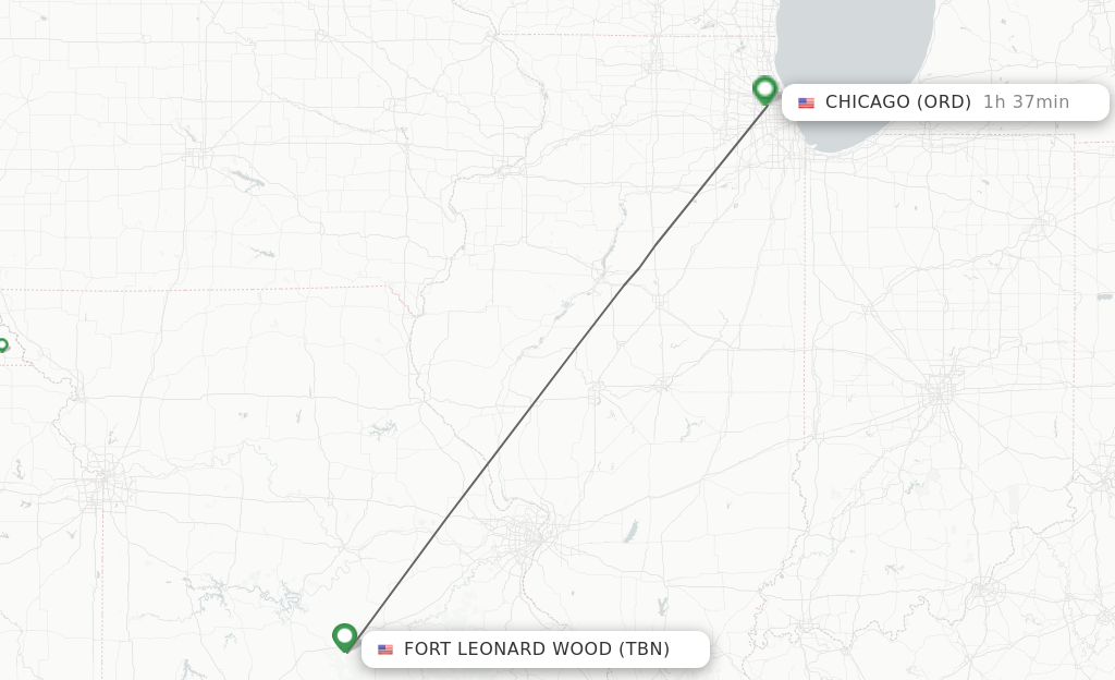 Flights from Fort Leonard Wood to Chicago route map