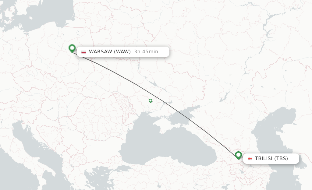 Flights from Tbilisi to Warsaw route map