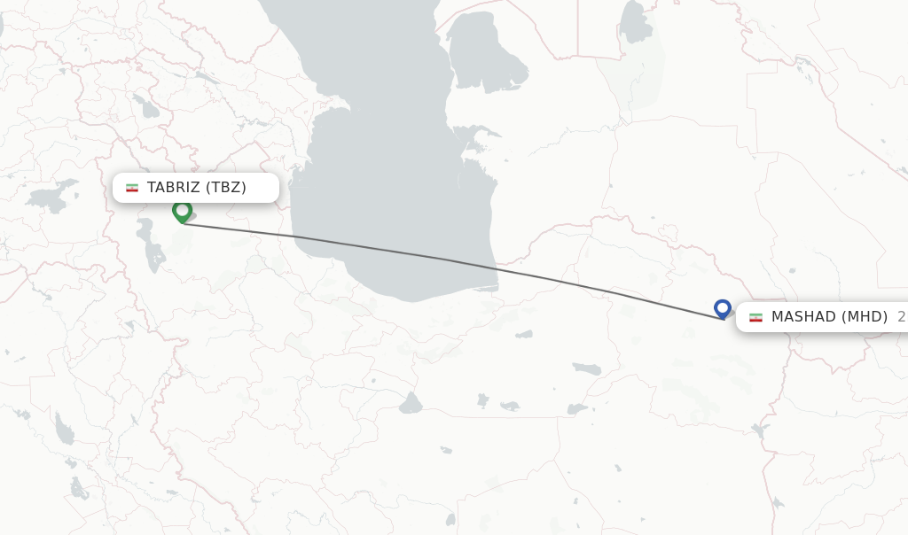 Flights from Tabriz to Mashad route map