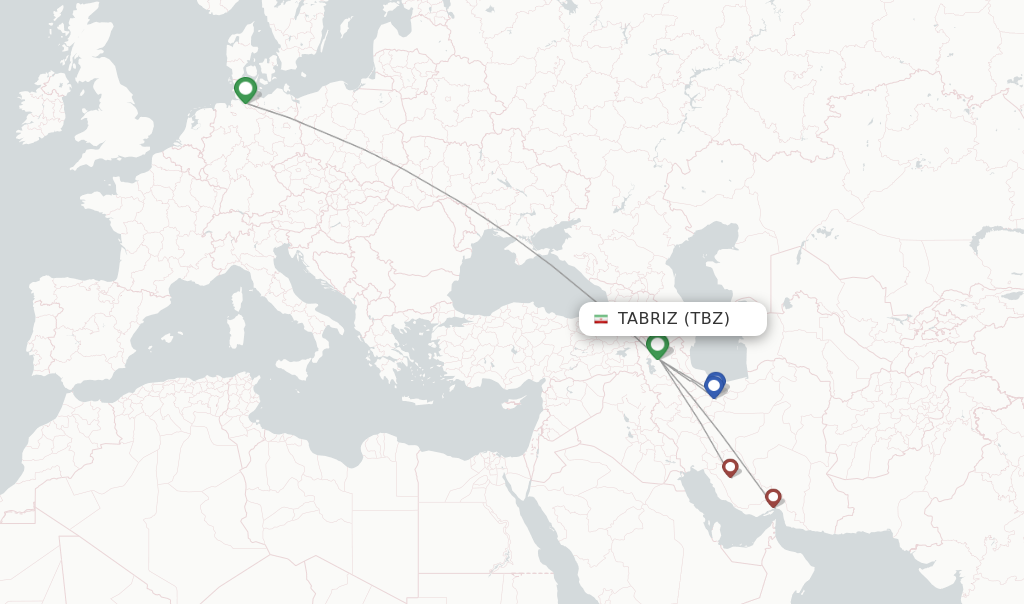 Route map with flights from Tabriz with Qeshm Air