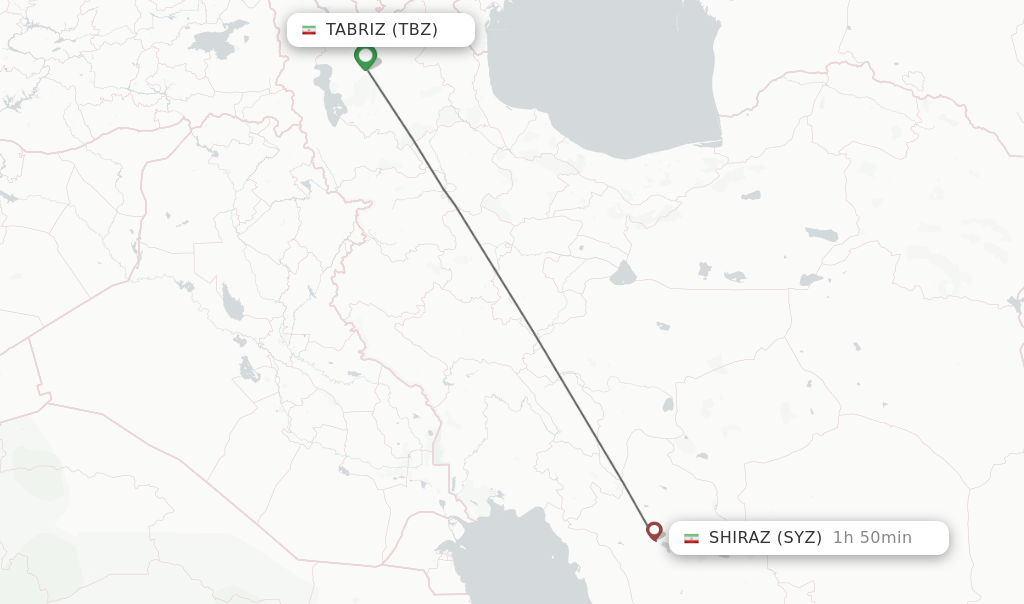 Flights from Tabriz to Shiraz route map