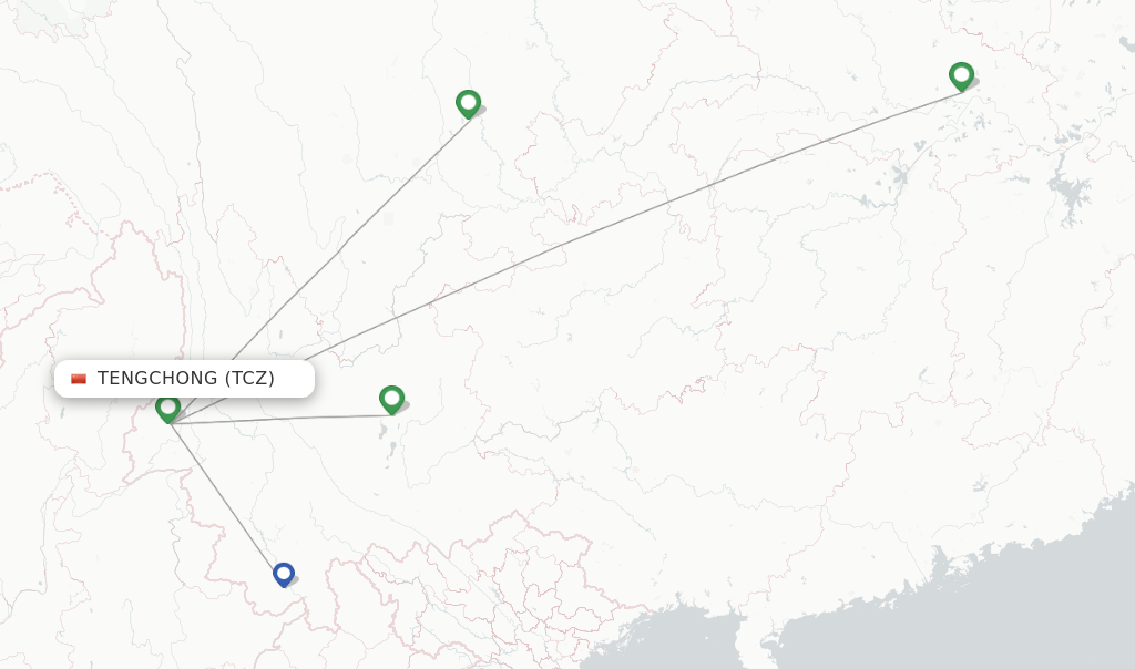 Route map with flights from Tengchong with Lucky Air