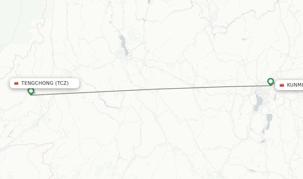 Flights from Tengchong to Kunming route map