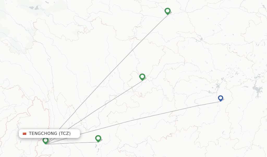 Route map with flights from Tengchong with Kunming Airlines