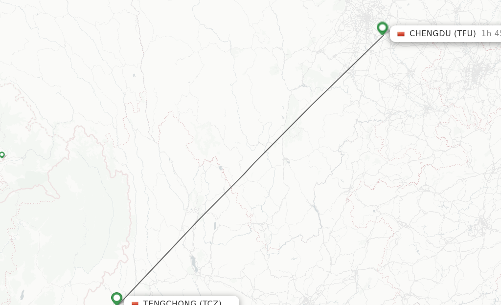 Flights from Tengchong to Chengdu route map