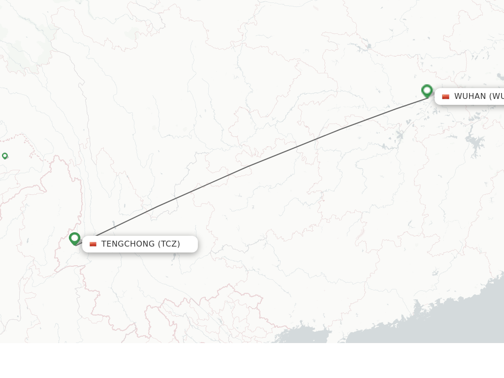 Flights from Tengchong to Wuhan route map