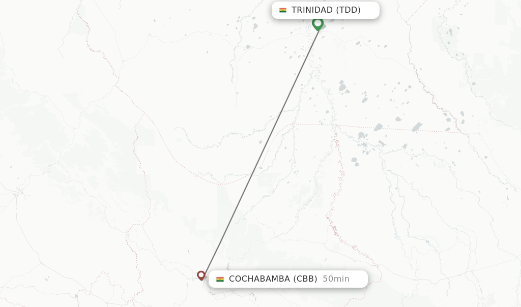Flights from Trinidad to Cochabamba route map