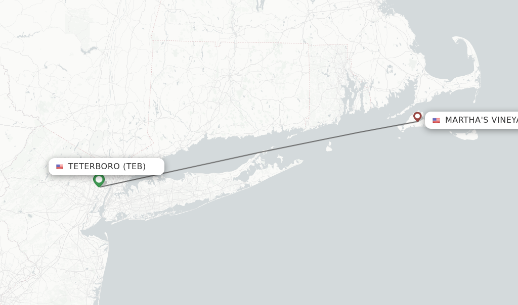 Flights from Teterboro to Martha's Vineyard route map