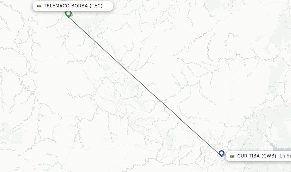 Flights from Telemaco Borba to Curitiba route map