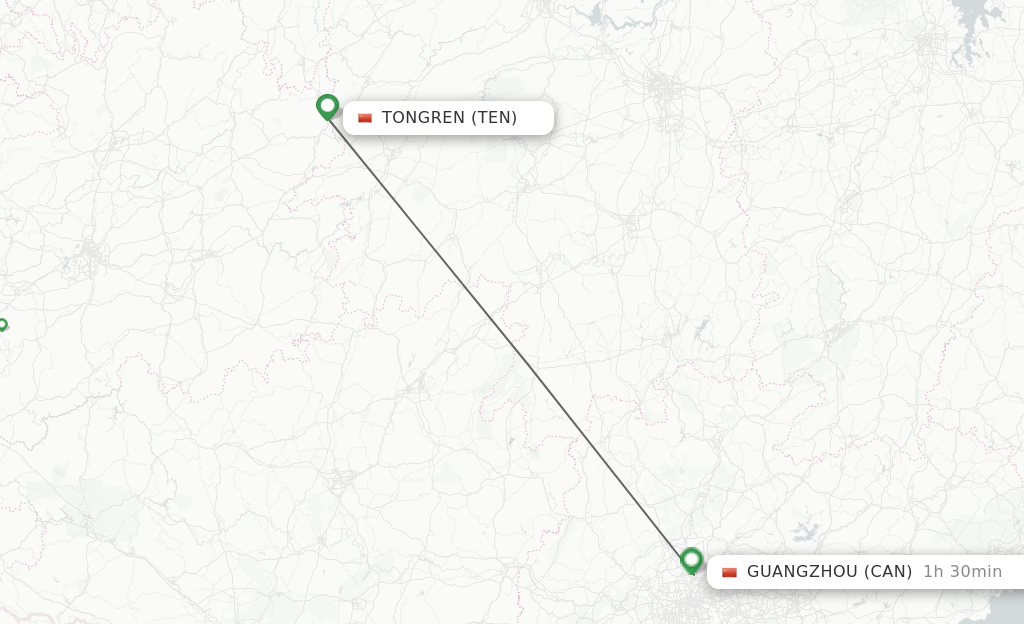Flights from Tongren to Guangzhou route map