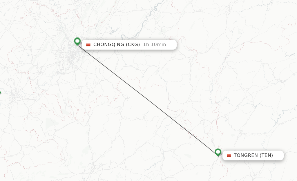 Flights from Tongren to Chongqing route map