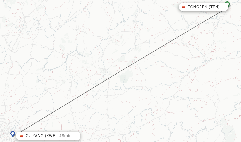 Flights from Guiyang to Tongren route map