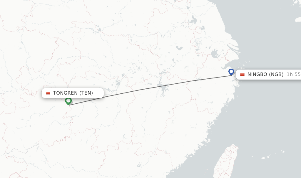 Flights from Tongren to Ningbo route map
