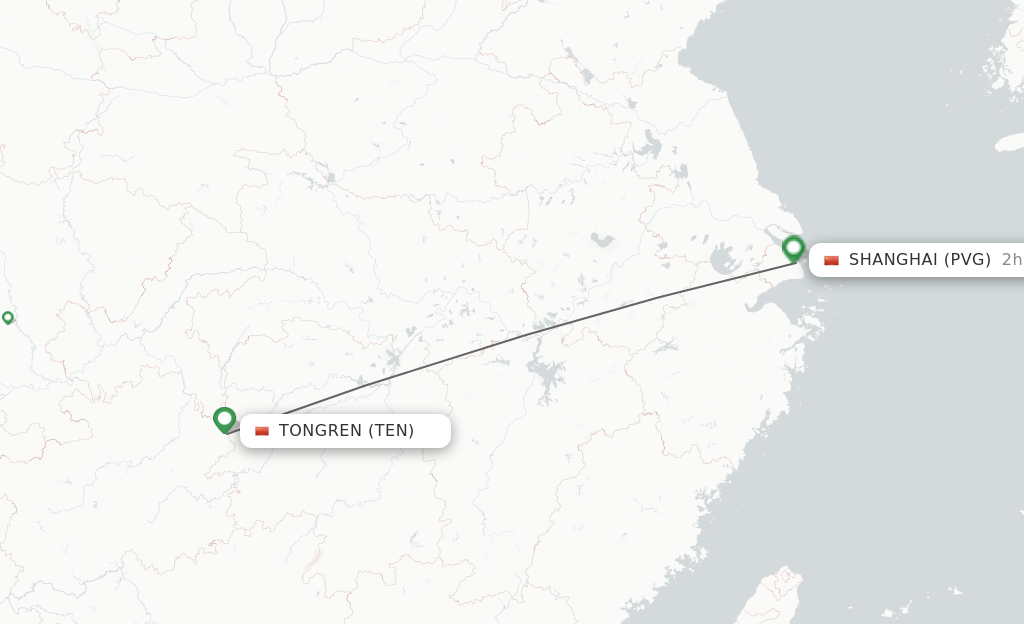 Flights from Tongren to Shanghai route map