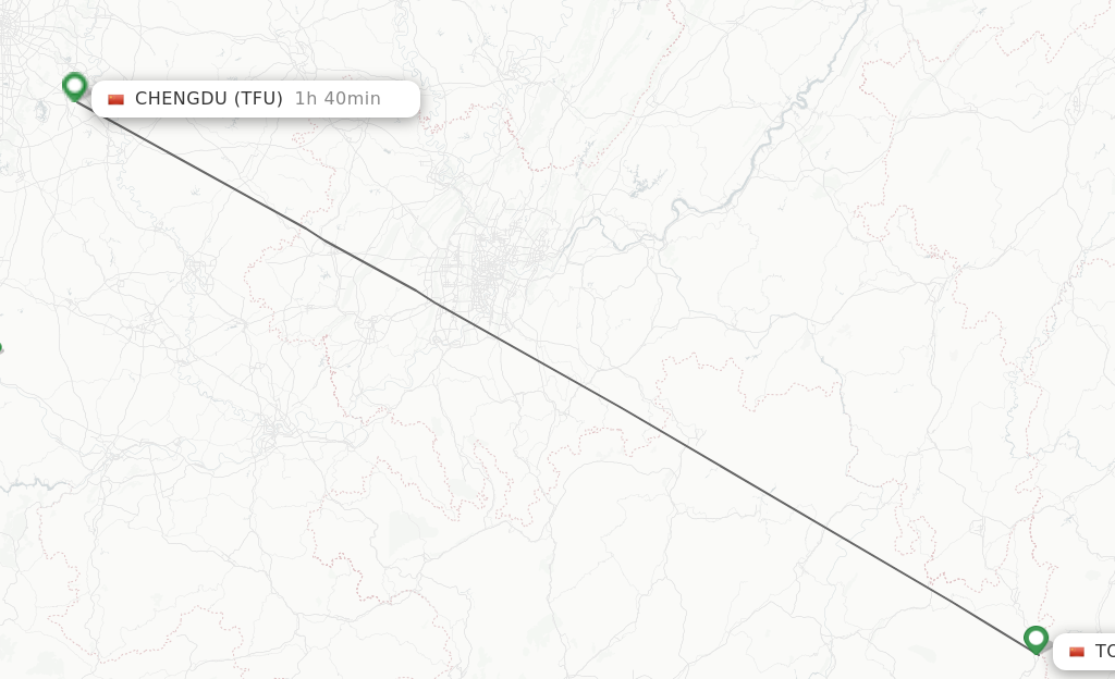 Flights from Tongren to Chengdu route map