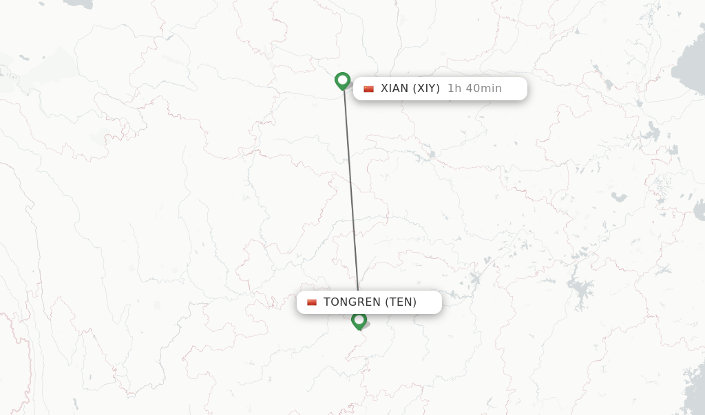 Flights from Tongren to Xian route map