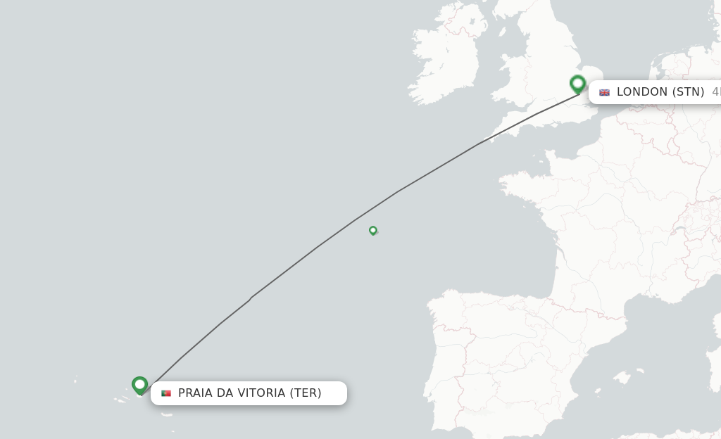 Flights from Terceira to London route map