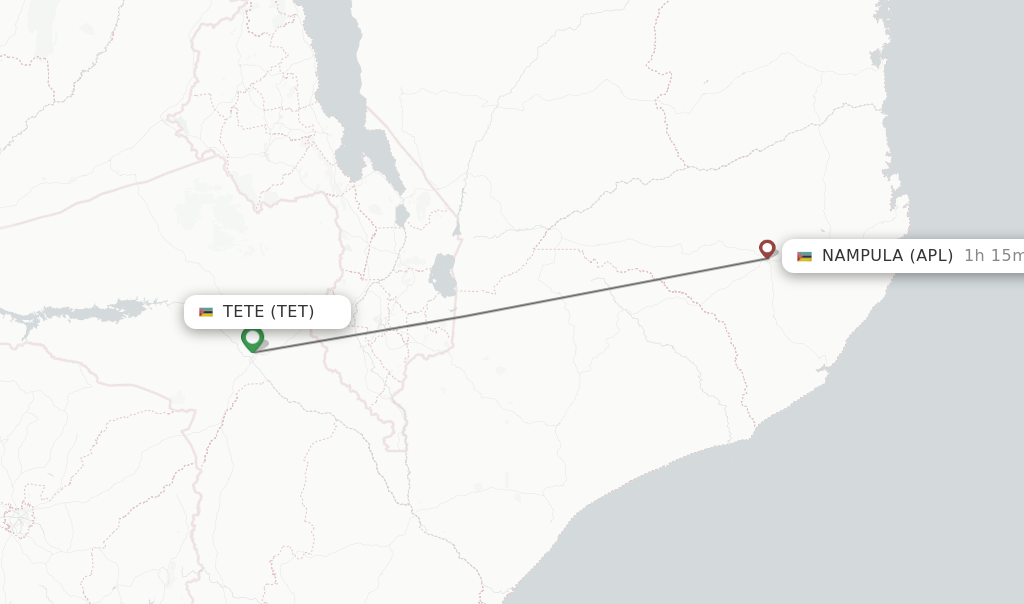 Flights from Tete to Nampula route map