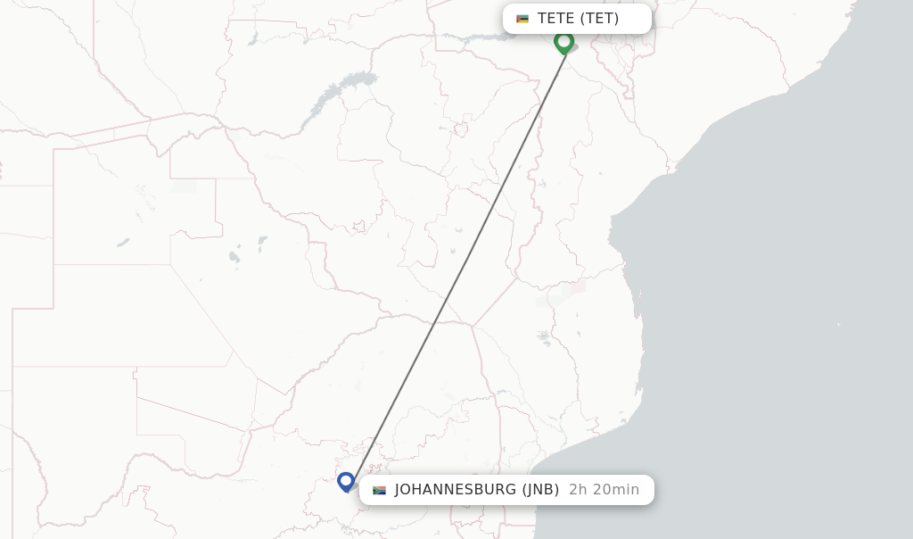 Flights from Tete to Johannesburg route map