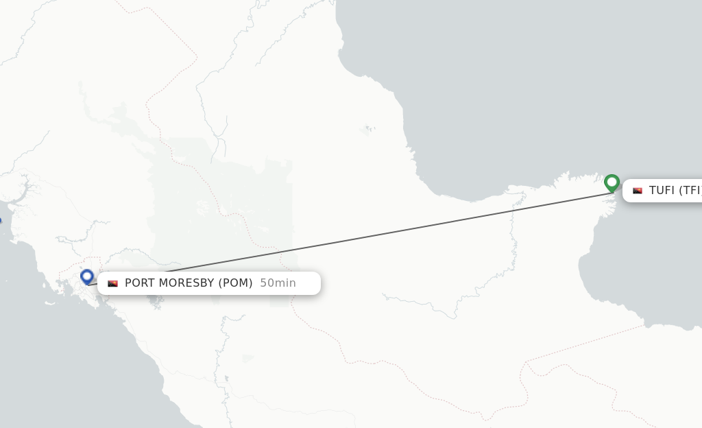 Flights from Tufi to Port Moresby route map