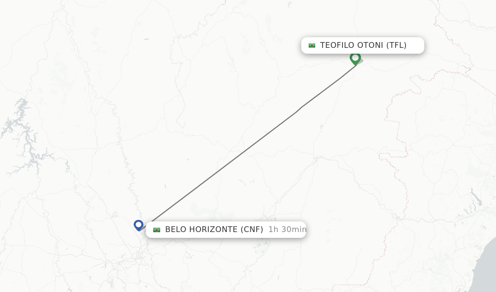 Flights from Belo Horizonte to Teofilo Otoni route map
