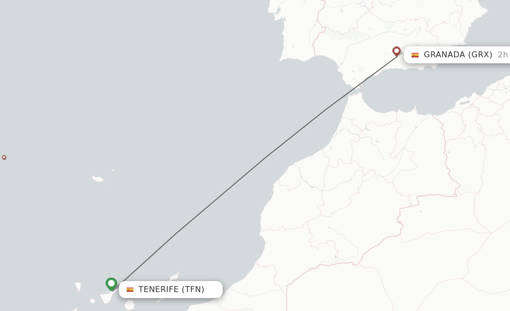 Flights from Tenerife to Granada route map