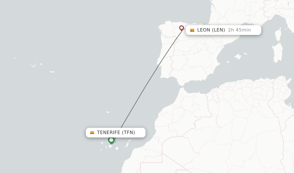 Flights from Tenerife to Leon route map