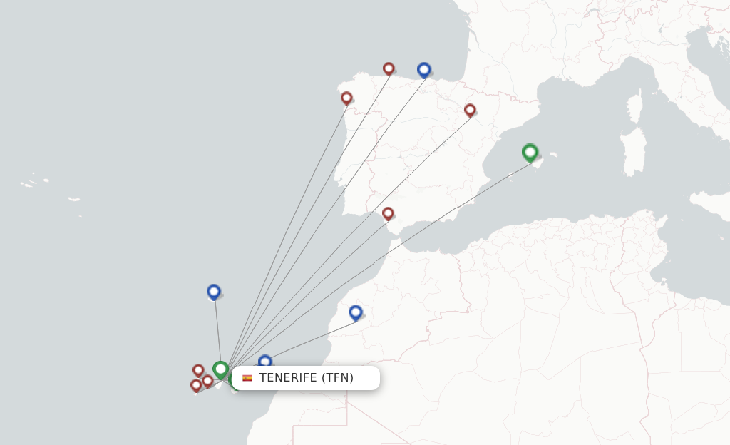 Route map with flights from Tenerife with Binter Canarias