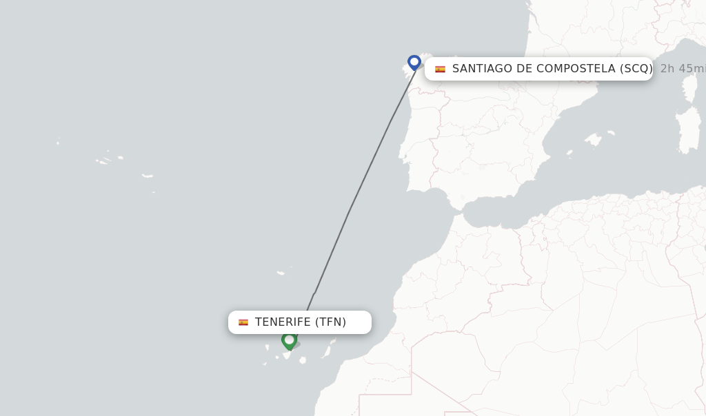 Flights from Tenerife to Santiago De Compostela route map
