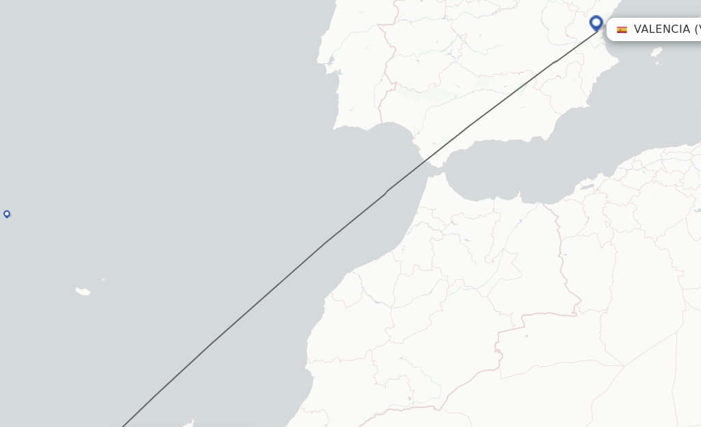 Flights from Tenerife to Valencia route map